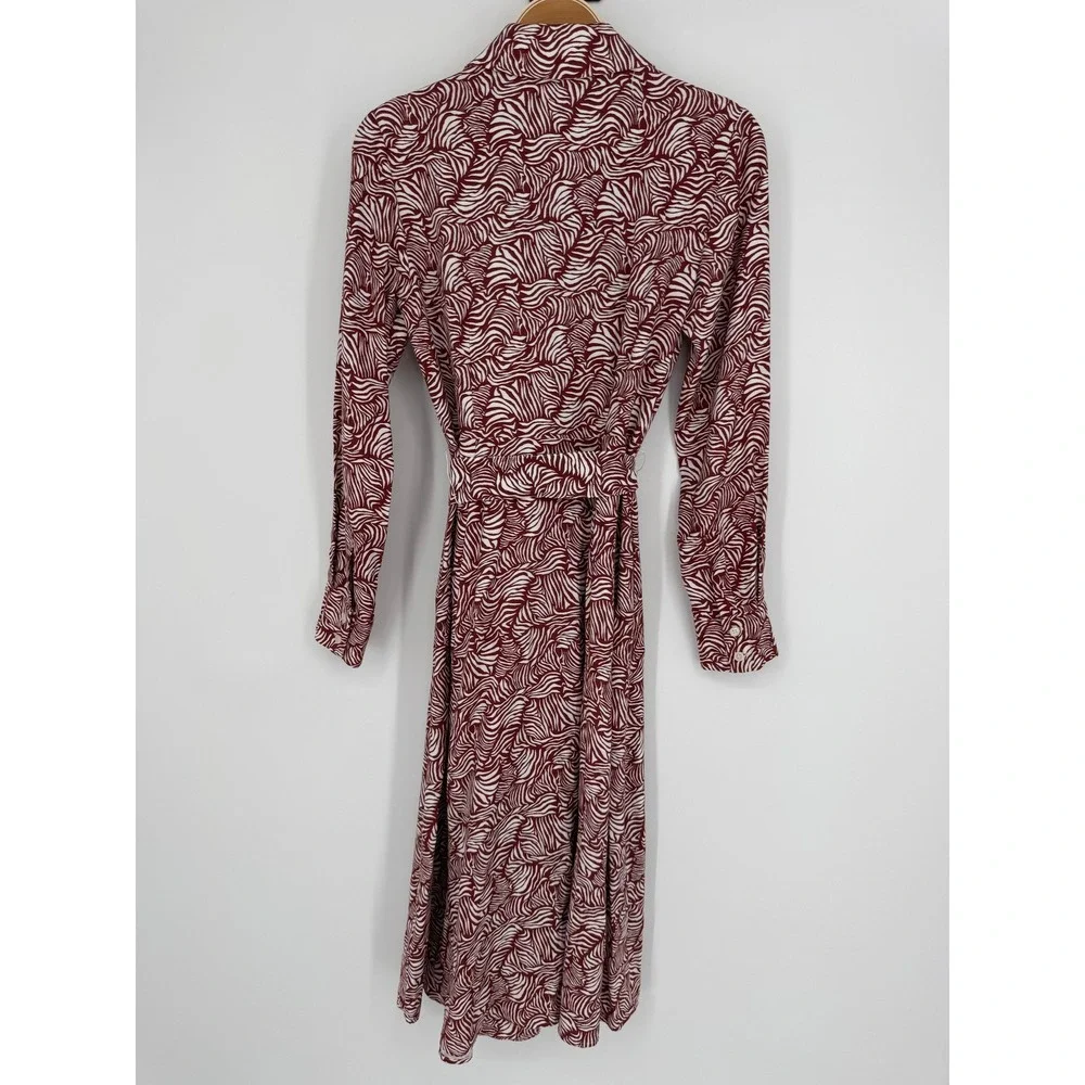 Boden Ottilie Shirt Dress Size 6 Maroon White Wave Print Midi Long Sleeve Belted - Picture 5 of 10